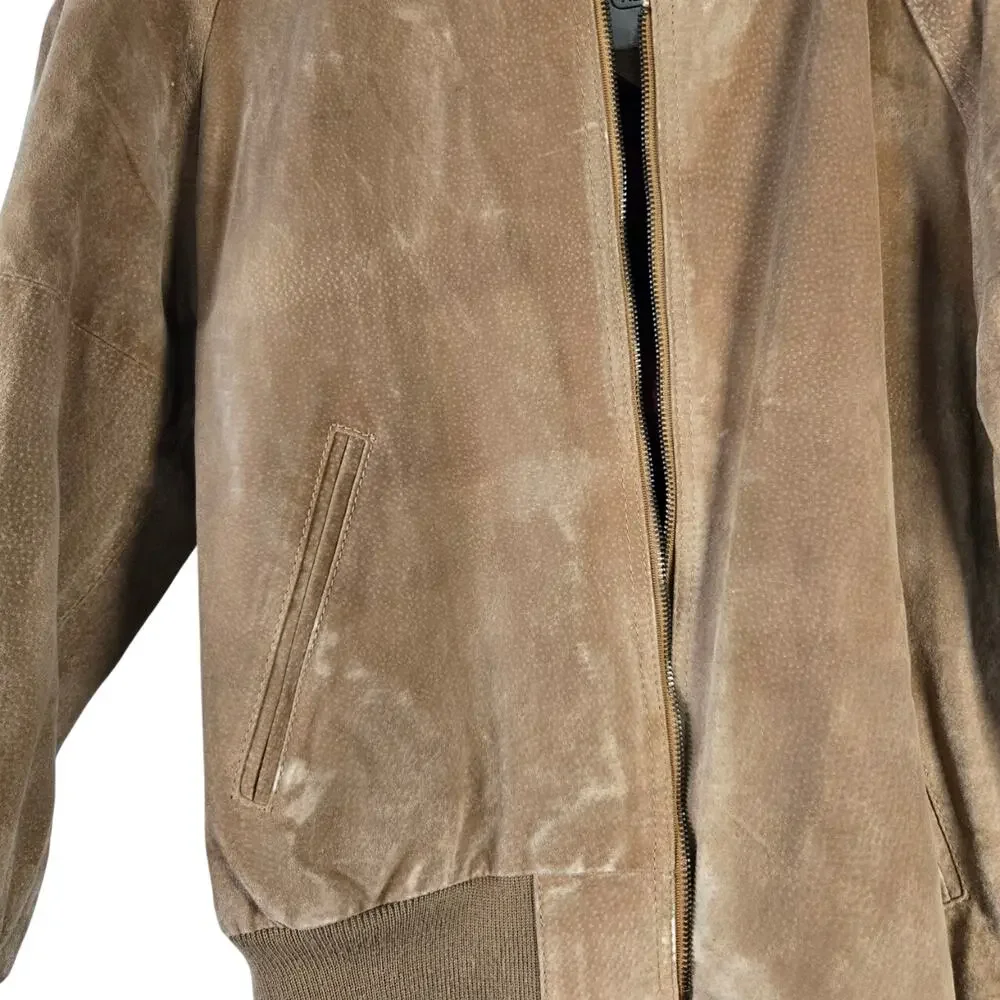 Vintage Grunge Revival Indie Sleaze Tan Suede 100% Leather Bomber Jacket Small